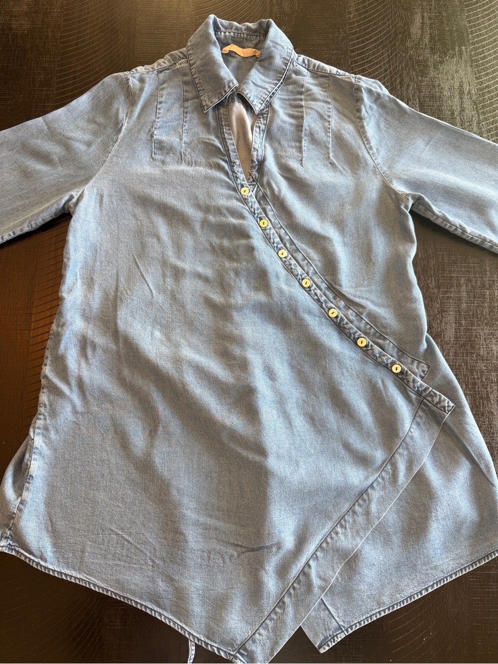 Soft Surroundings Tencel Lyocell Chambray Apron Tie Blouse Roll Tab Sleeves SZ M